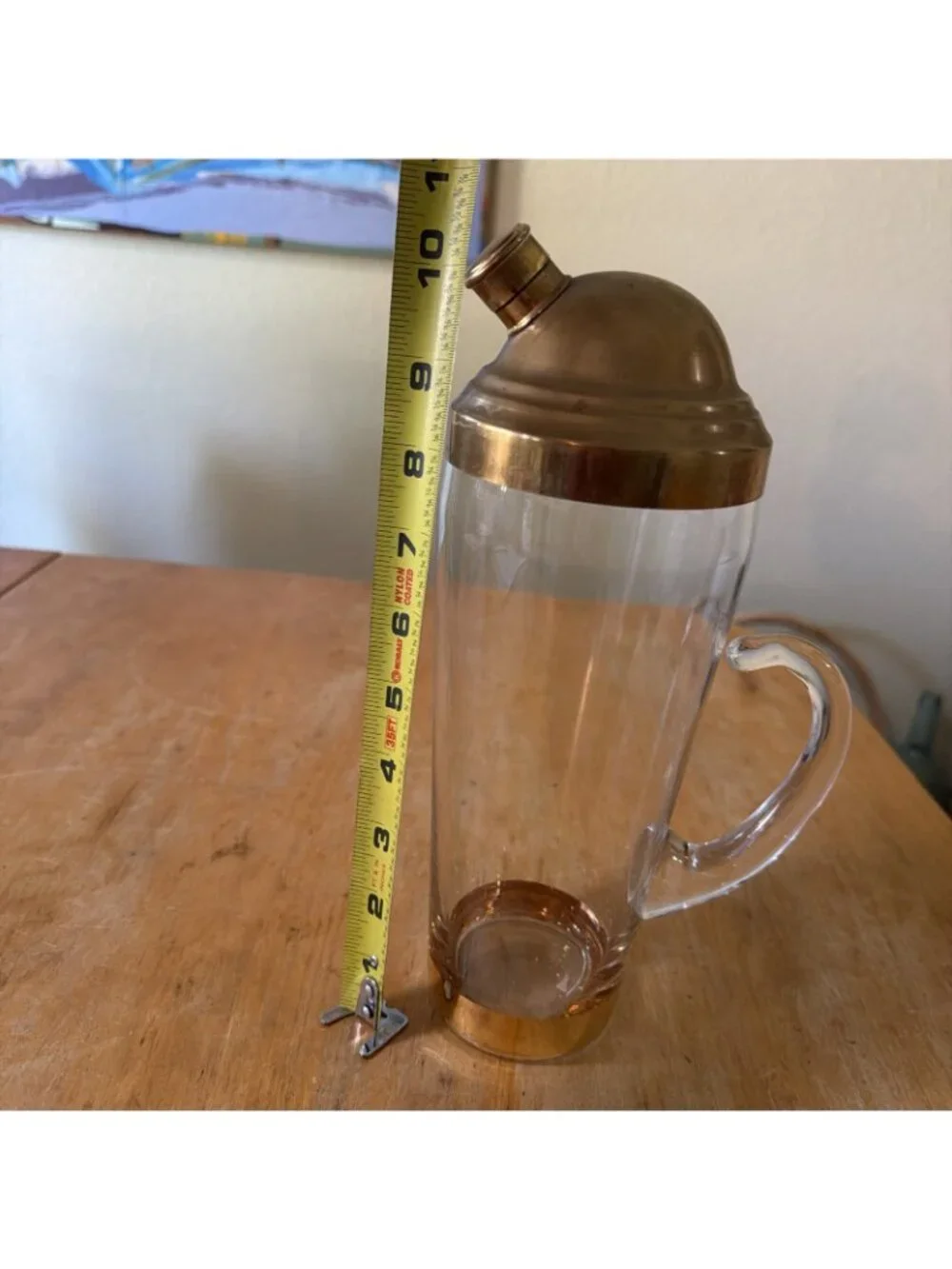 Art Deco Mid Century Cocktail Shaker With Applied Handle and Gold Trim